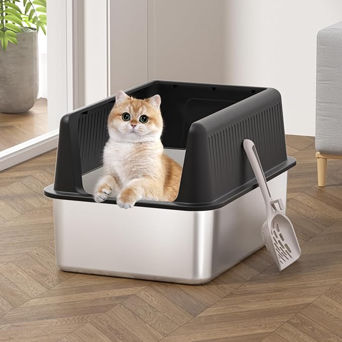 2PACK Stainless Steel Cat Litter Box with Lid,19.7” L x 13.8” W x 11.8”H Deep,Large Metal Litter Box with High Side,for Small and Large Cats,Anti-Leakage Non-Sticky Include Litter Scoop