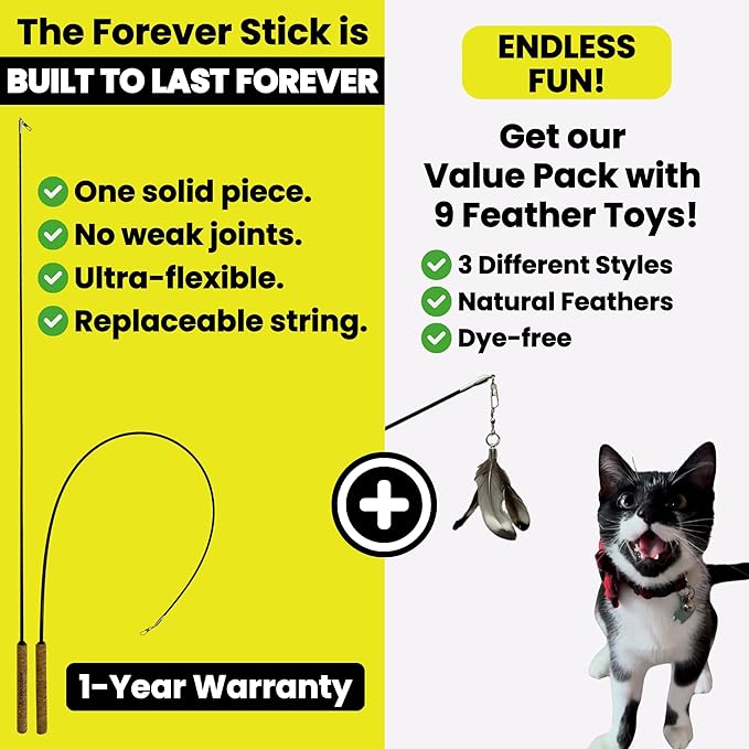 Forever Stick with 9 Feather Toy Lures - The Unbreakable Cat Wand Toy, Extra Long Durable Cat String Toy for Indoor Cats, Bored Indoor Adult Cats, Natural Feather Attachment Toy Lures Refill