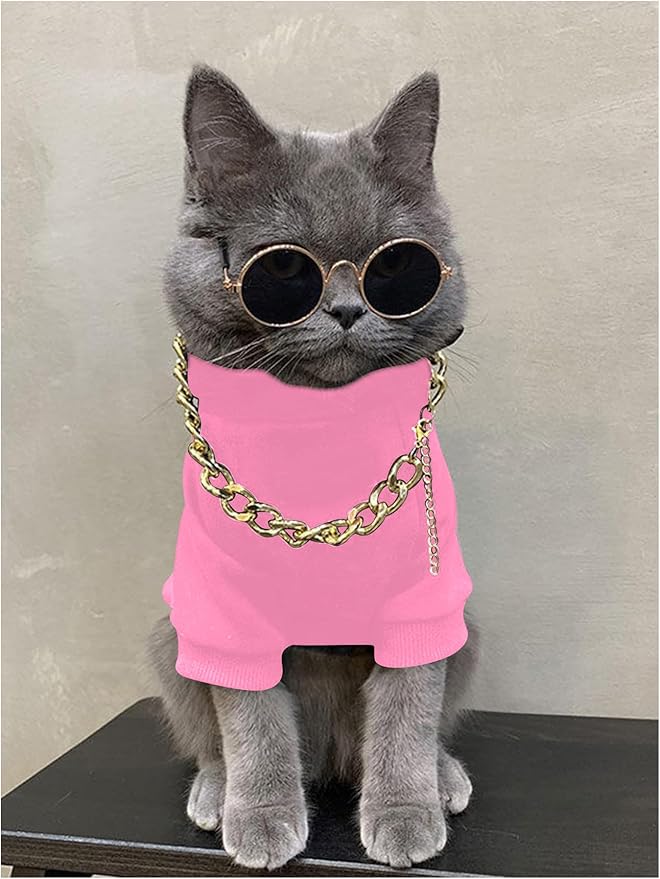 QWINEE 3Pcs Dog Hoodie Cat Apparel Dog Custume Set with Necklace and Sunglasses Pet Clothes for Puppy Small Medium Dogs Cats Light Pink Medium