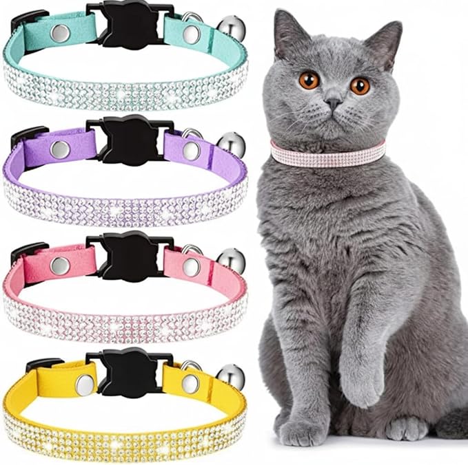 Weewooday 4 Pieces Rhinestones Cat Collars Breakaway Cat Collar with Bell Bling Pet Accessories with Soft Velvet, 4 Colors(XS,Purple, Blue, Gold, Pink)