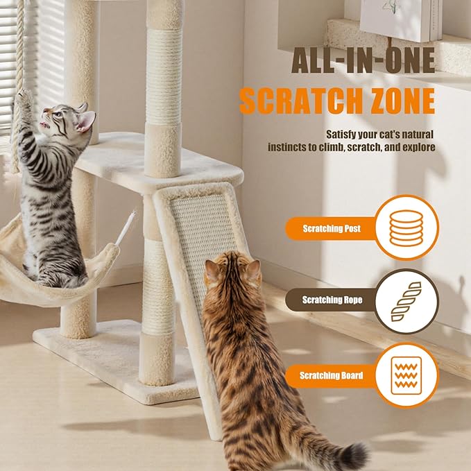 Large Cat Tree 63 Inch, Multi-Level Tall Cat Tree Tower with Condo, Perch, Sisal Scratching Posts Board and Hammock, Pet Play House with Dangling Balls for Indoor Cats, Beige