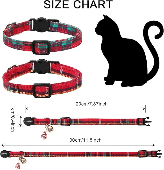 Cat Collar,2 Pack Cat Collars Breakaway with Bell, DOGWONG Safety Buckle Red Christmas Plaid Cat Collar for Girl Boy Cats and Small Dogs，Adjustable 7-12 Inch,Pet Supplies Accessories