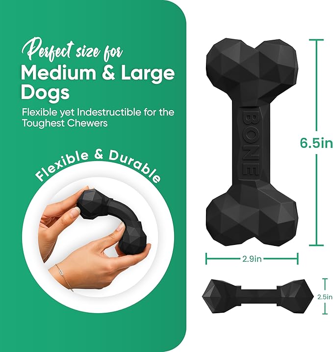 Natural Rubber Dog Chew Bone – Treat-Dispensing, Tough & Indestructible Chew Toy – Safe for Aggressive Chewers – Dental Health & Boredom Relief (Black)