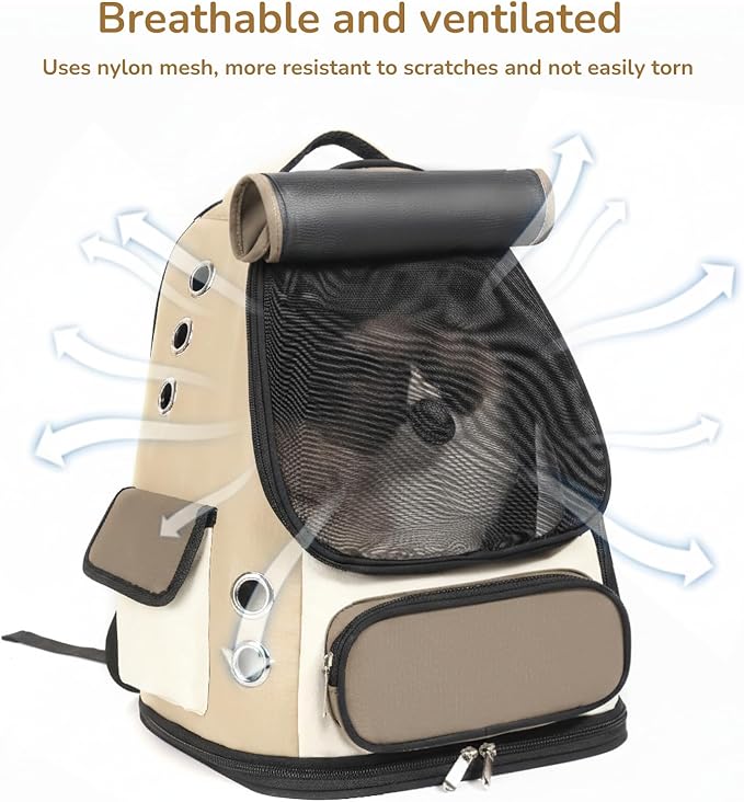 Cat Backpack Carrier, TSA Airline Approved Pet Travel Bag for Small Medium Dogs, Ventilated Hiking Camping Backpack for Cats, Kitten and Puppy up to 18 lbs, Khaki Mesh