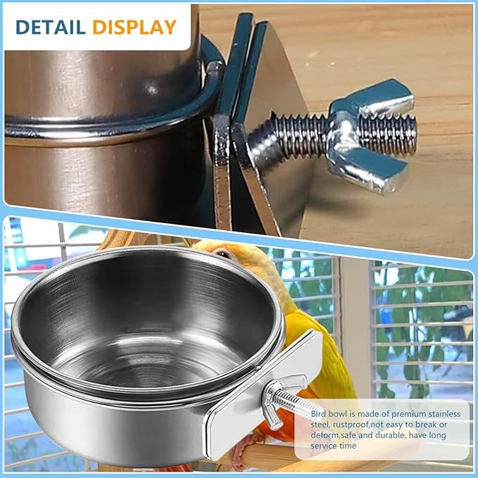 2Pcs Stainless Steel Bird Feeding Bowls, Small Bird Feeding Cup, Stainless Steel Parrot Food Bowl Cage with Holder, Parrot Cage Water Feeder, Pet Cage Cup Holder (Dia 3.93", 5.51",)