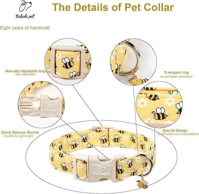 Bee & Daisy Dog Collar for Medium Dogs - Spring/Summer Cartoon Yellow Dog Collars, Lightweight Adjustable Male Female Dogs Collars with Quick Release Buckle M