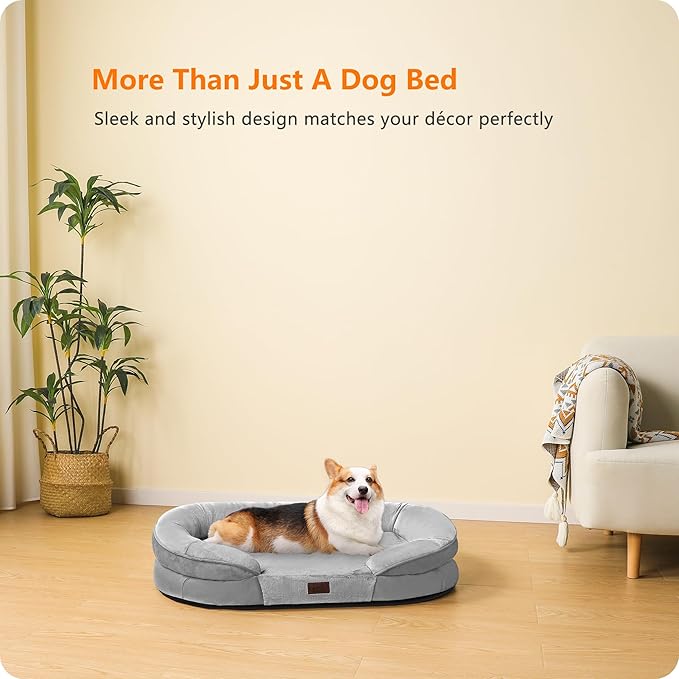 Dwanton Orthopedic Dog Bed for Medium Dogs with Gel Memory Foam, Waterproof Dog Sofa, Washable Pet Bed with Four Sided Bolster Cushion, Removable Cover & Non-Slip Bottom, 35", Light Gray