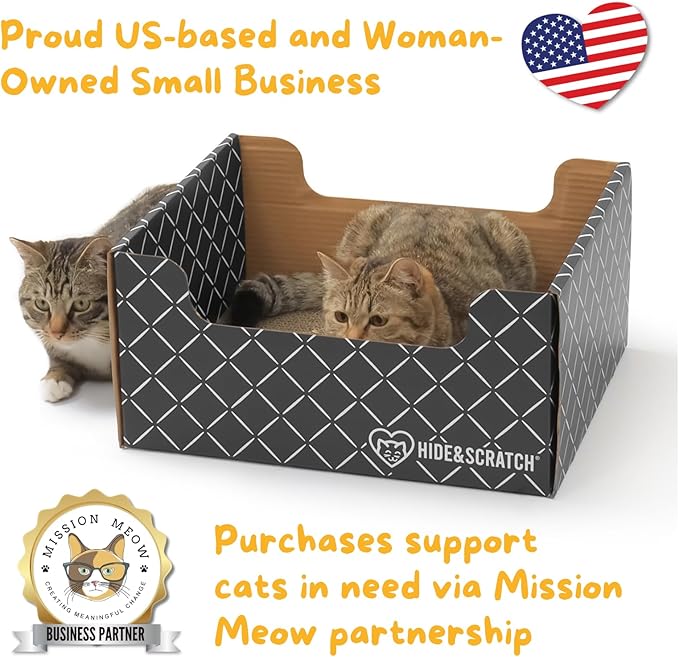Hide & Scratch Cardboard Cat Scratcher Box & Bed - Dark Grey Diamond (+ 3 Refill Pads) | Double-Sided Corrugated Pad for Indoor Cats | Refillable Scratching Board Toy for Play & Furniture Protection