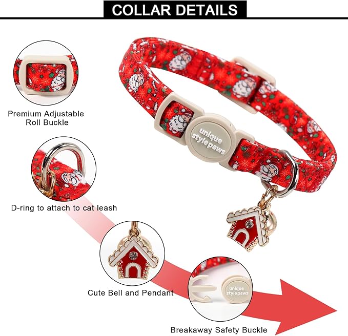 Unique style paws 2 Pack Christmas Kitten Collar Breakaway with Bell&Pendant, Adjustable Safety Elk Christmas Cat Cotton Collar for Girl Boy Cat and Small Pet