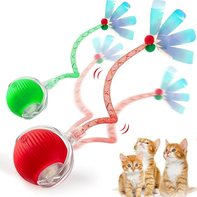 2 PCS Interactive Cat Toy Rolling Ball with Tail Chewie Viral Dog Ball, Smart Automatic Rolling Pet Balls,Automatic Moving Electric Cat Toy