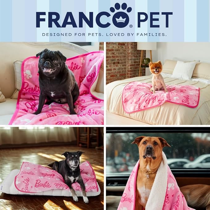 Franco Pet Barbie Super Soft Cozy Waterproof Sherpa-Backed Blanket Throw for Small Dogs, Couch/Bed/Car, 30x40 (Officially Licensed Product)