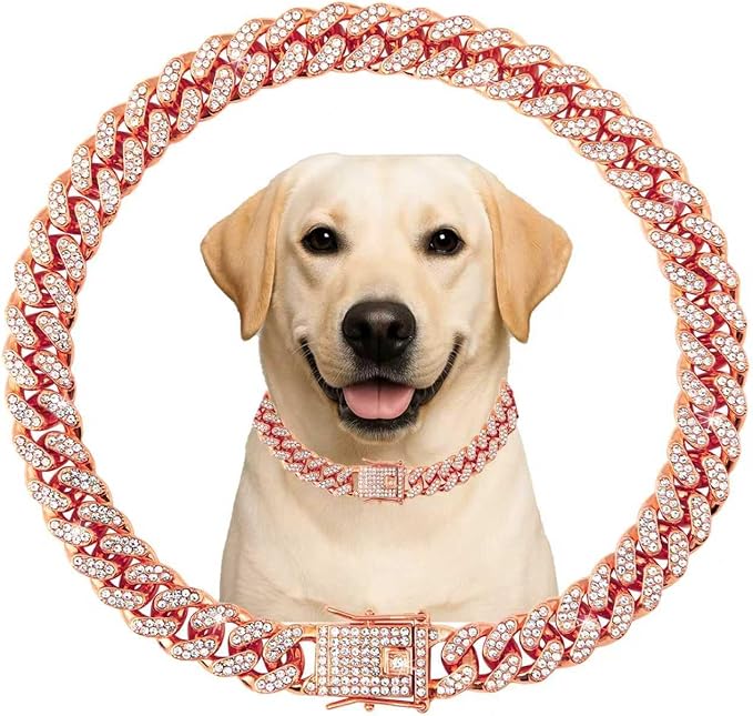Cuban Link Dog Chain Collar Rose Gold Crystal Dog Necklace Metal with Design Secure Buckle Pet Collar Jewelry Accessories for Small Medium Large Dogs Cats(Rose Glod 22inch)