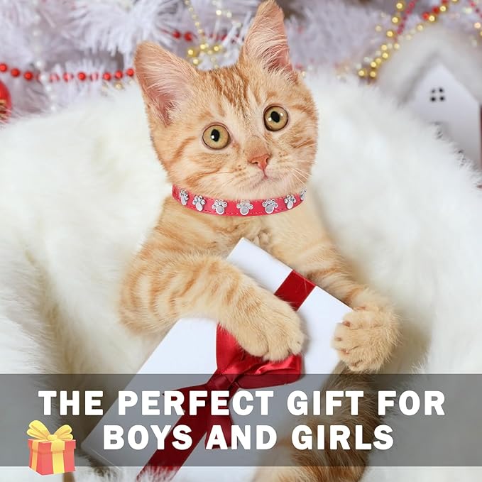 SCENEREAL Cat Collar with Bells, Leather Cat Collars with Paw Studded, Adjustable Pet Collars for Boy Girl Cats,Soft Cute Cat Collar for Kitty Puppy Small Big Cats, Red