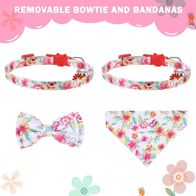 SCENEREAL Spring Cat Collar Breakaway with Bells, 2 Pack Cute Flower Pet Collar with Removable Bow Tie and Bandana, Adjustable Safety Buckle with Daisy Pendants for Girl Cats Kitten