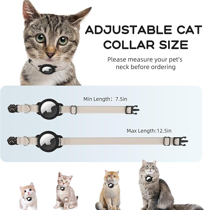 AirTag Cat Collars, Stretchy Collar with Apple AirTag Holder and Bell, Breakaway Design Ultra Elastic GPS Tracking Collars for Cats and Puppies, (7.5-12.5 Inch), Khaki
