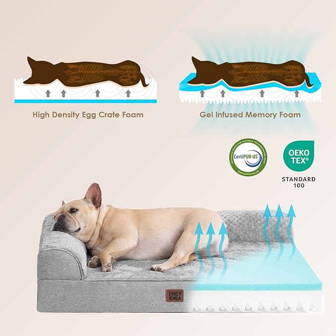 EHEYCIGA Large Dog Bed Memory Foam for Crate, Orthopedic Dog Bed Large Size Dogs with Washable Removable Cover, Waterproof Pet Sofa Couch with Nonskid Bottom, 35x22x6, Grey