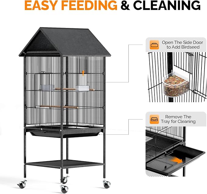 VINGLI Bird Cage with Rolling Stand for Parrots, Cockatiels, Budgies, Lovebirds, Small/Medium Birds (50" H with Spire Roof)