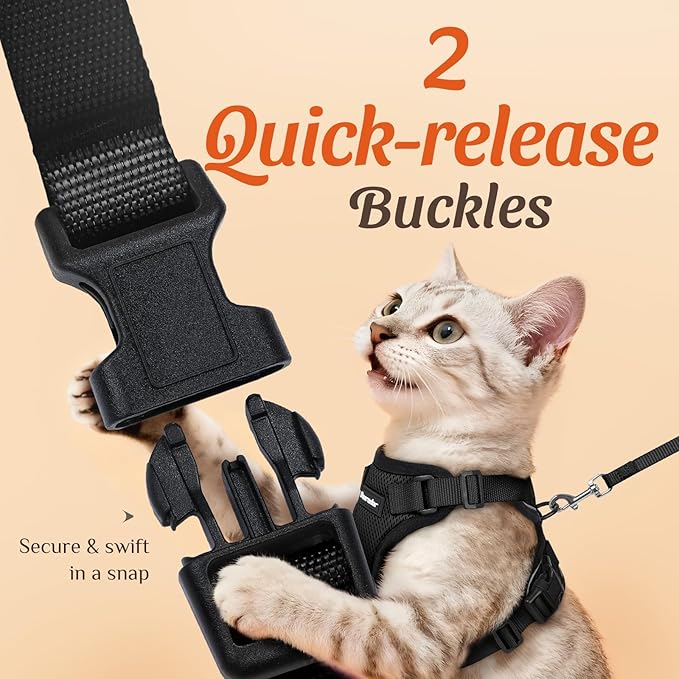 Dooradar Cat Harness and Leash Set, Escape Proof Safe Adjustable Kitten Vest Harnesses for Walking, Easy Control Soft Breathable Mesh Jacket with Reflective Strips for Cats, Black, XS