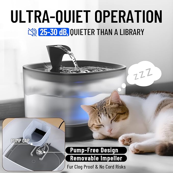 Veken Cat Water Fountain with Detachable Tank, Easy to Clean & Assemble, 84oz/2.5L Pet Drinking Dispenser with Quiet Operation & LED Light, Gifts, Cats, Dogs and Small Pets, Black