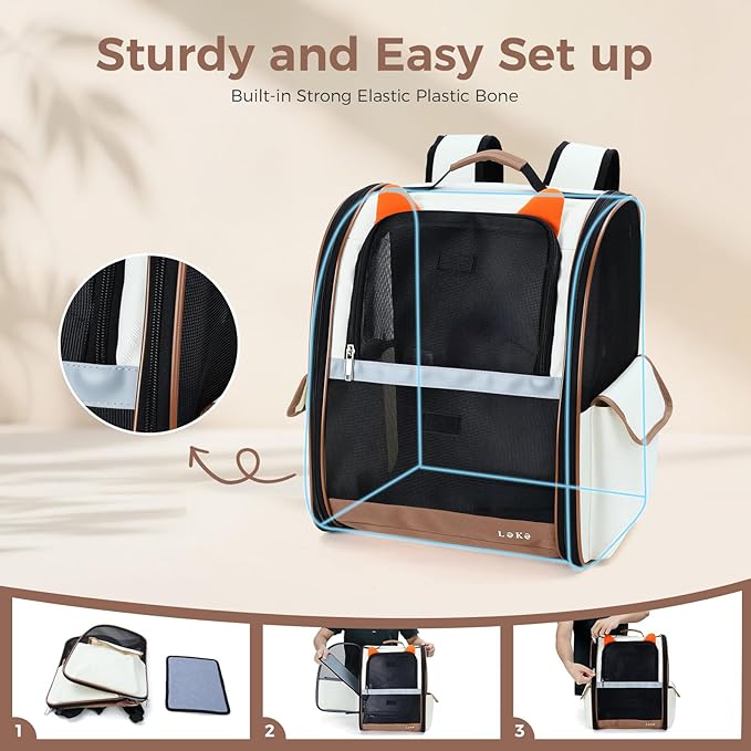 Lekereise Ventilated Dog Backpack Carriers, Cat Carrier Backpacks with Breathable Mesh for Small Cats Dogs Up to 17 Lbs, Pet Foldable Backpack Great for Travel Hiking Camping Outdoor Beige-Orange Ears