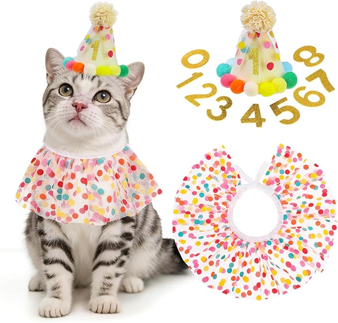 SCENEREAL Cat Birthday Hat & Scarf Costume Set, Pet Birthday Party Supplies - Kitten Bandana Bib Holiday Outfit Decorations Accessories for Big Cats Puppy Small Dogs Pet Animals