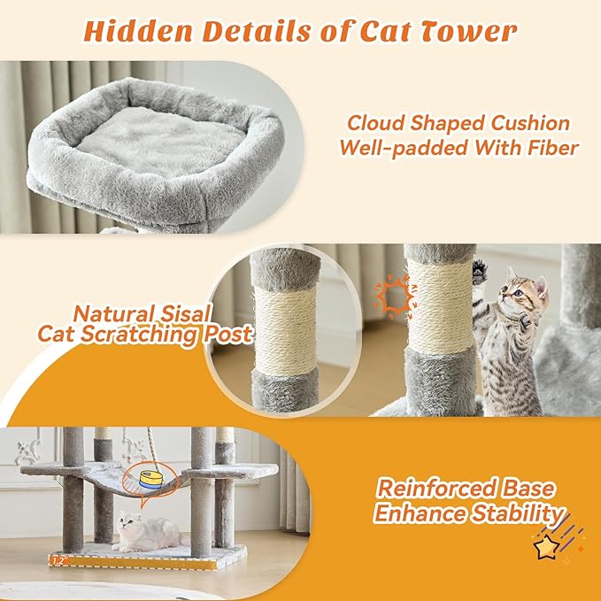 Large Cat Tree 66 Inch, Multi-Level Tall Cat Tree Tower with Condo, Perches, Sisal Scratching Posts and Hammock, Pet Play House with Dangling Balls for Indoor Cats, Light Grey