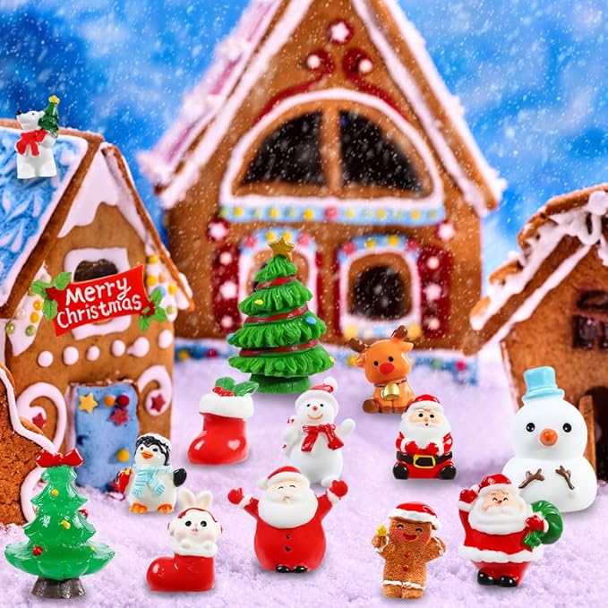 DIYDEC 32Pcs Christmas Miniature Figurines, Mini Resin Figurines to Hide Small Resin Santa Claus Snowman Xmas Trees Animals for Xmas Goodie Bag Fillers Winter New Year Holiday Party Favors Decorations