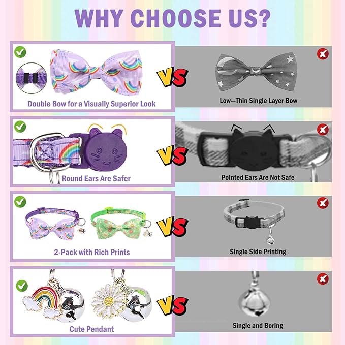 SCENEREAL Cat Collar with Bells, 2 Pcs Breakaway Cat Collars with Adustable Bowtie, Safety Kitten Collar for Boy Girl Cats Puppy, Cute Spring Summer Rainbow & Floral Pet Collar, Green & Purple