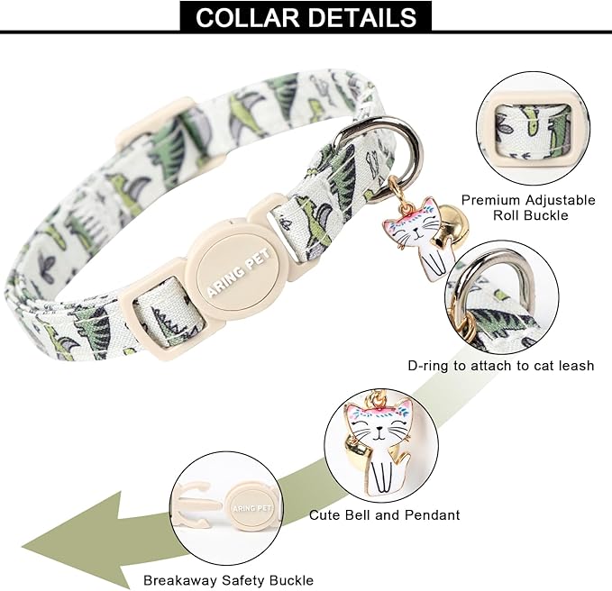 ARING PET 2 Pack Cat Collar-Cute Cotton Cat Collar with Bell & Pendant, Adjustable Dinosaur Kitten Collars with Safety Buckle for Girl and Boy Pets