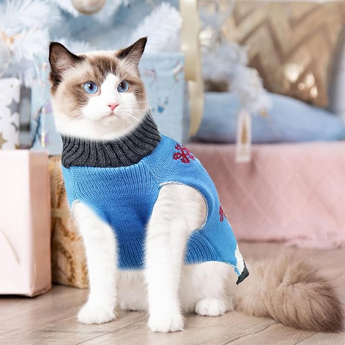 Pet Christmas Dog Sweaters Cute Animal Snowman Printed Puppy Xmas Costumes Winter Warm Turtleneck Jumpers Puppy Knitted Clothes Cat Outfits (S, Blue Snowman)