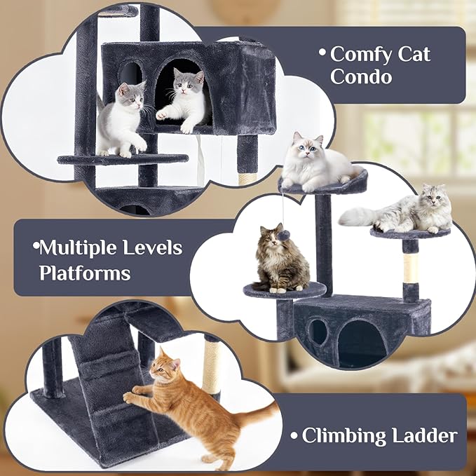 Large Cat Tree 70 Inch, Multi-Level Cat Tree Tower with Condo, Perches, Sisal Scratching Posts and Climbing Ladder, Pet Play House with Dangling Balls for Indoor Cats, Dark Grey