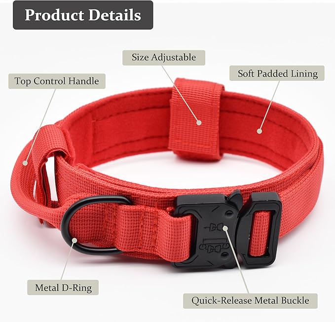 Tactical Dog Collar, Adjustable Military Training Nylon Dog Collar with Control Handle and Heavy Quick-Release Metal Buckle for Small Medium Large Dogs, Red XL