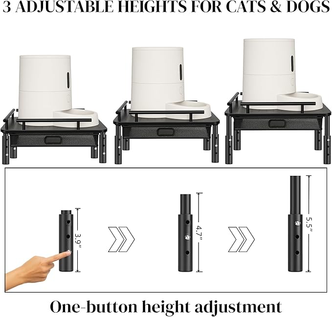 Raised Pet Feeder Stand for Cats & Dogs – Adjustable Height Holder for Automatic Pet Feeders with Snack Storage Drawer, Promotes Neck Health, Compatible for Most Pet Feeders & Water Dispensers