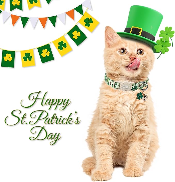 Unique Style Paws Saint Patrick Day Cat Collar,Trefoil Cat Collars,Green Kitten Collar Breakaway Buckle,Adjustable St. Patrick Day Puppy Collar,Ideal Gift for Boy Girl Cats