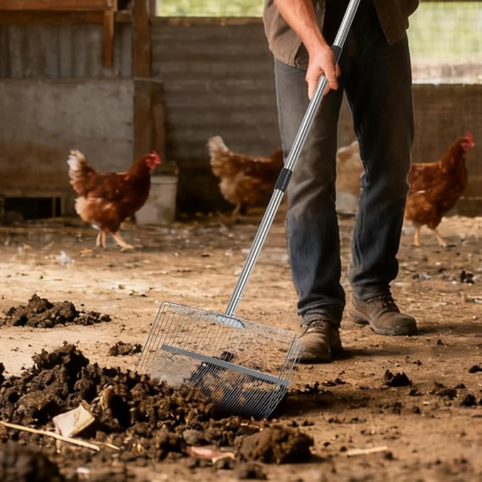 Garvee Chicken Poop Scooper Adjustable 24" to 72" Long Handle Chicken Coop Rake for Pet Waste Cleaning,Stainless Steel Handle Litter Scooper & Sifting Shovel for Chicken Coops