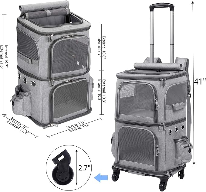 Double-Compartment Pet Carrier Backpack with Wheels for Small Cats and Dogs, Cat Rolling Carrier for 2 Cats, Perfect for Traveling/Taking a Walk/Trips to The Vet, Grey
