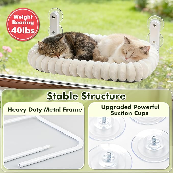 2PC Cat Window Perch with Bolster Foldable Cat Hammock Cushion Bed for Window with Metal Frame, Cloud-Cuddle Cordless Window Resting Seat for Indoor Cats (Cushion Bed, White-L)