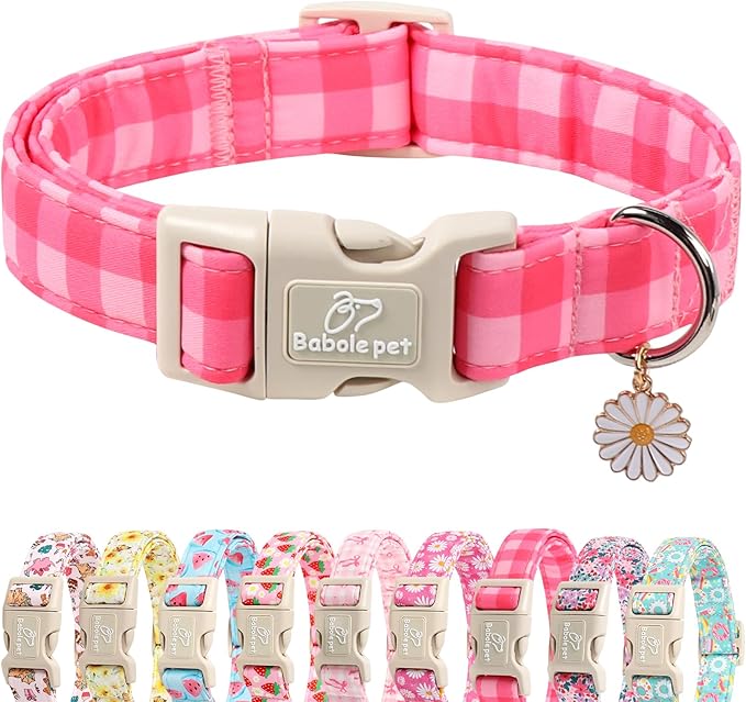 Girl Dog Collar for Small Dogs - Cute Pink Plaid Puppy Collar, Soft Adjustable Spring Summer Female Dog Collars with Quick Release Buckle S