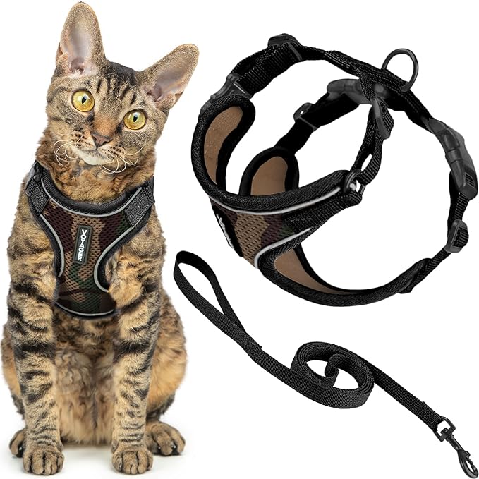 Voyager Escape-Proof Step-in Lock Cat Harness & 5ft Neoprene-Handle Leash Set All-Weather Mesh with Reflective Stitching for Small to Large Cats by Best Pet Supplies, Army (327), S