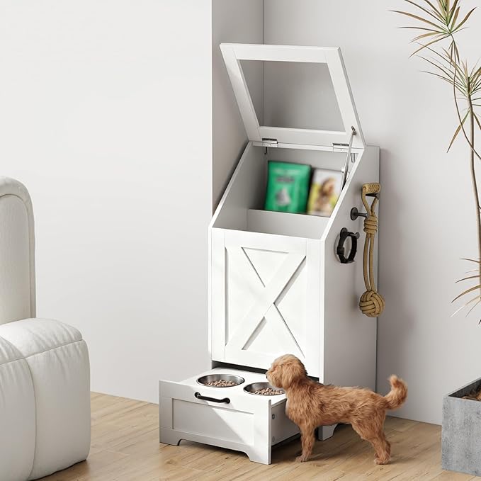 Dog Feeding Station with Storage Cabinet and 2 Elevated Dog Bowls, Hidden Pet Food Storage Organizer for Dog &Cat,Modern Dogs Furniture (White)