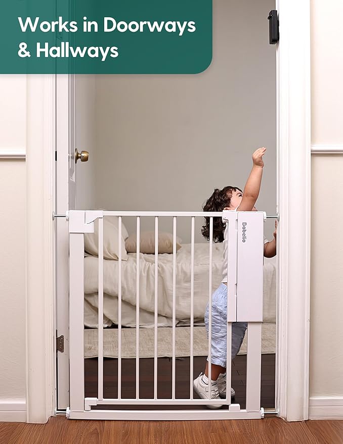 Babelio Smart Baby Gate with Auto-Unlock/Close, Pressure Mounted No Drill for Doorways/Top of Stairs. Pet/Dog Door Wide Walk Thru w/Infrared Sensor & Instant Safety Alert (White, 30.3-47.2" W, 30" H)