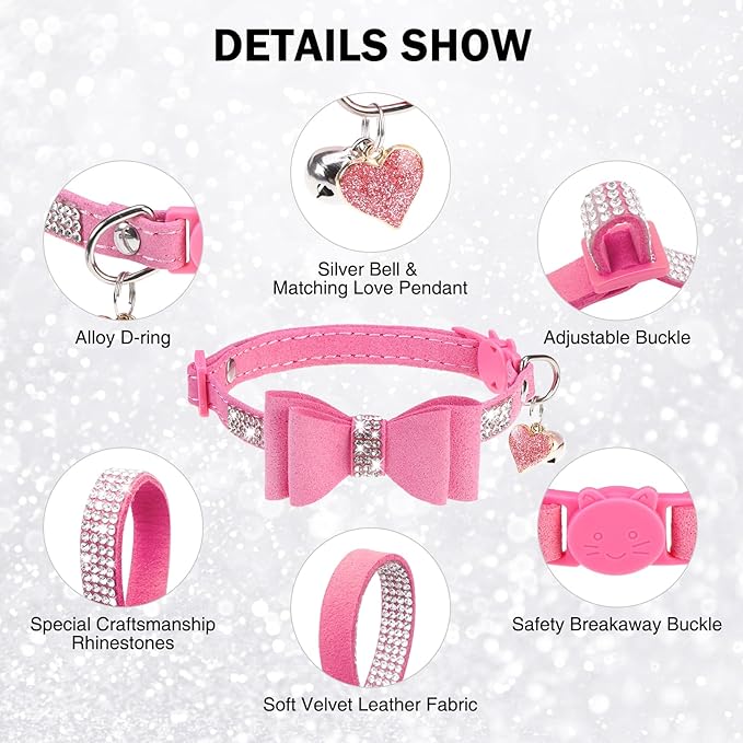 Rhinestone Cat Collar with Bow, Breakaway Elegant Female Diamond Cat Collars with Bell, Pink Leather Sparkly Bowtie Pet Collar for Girl Boy Small Kitten Puppy with Safety Buckle, 8-12"