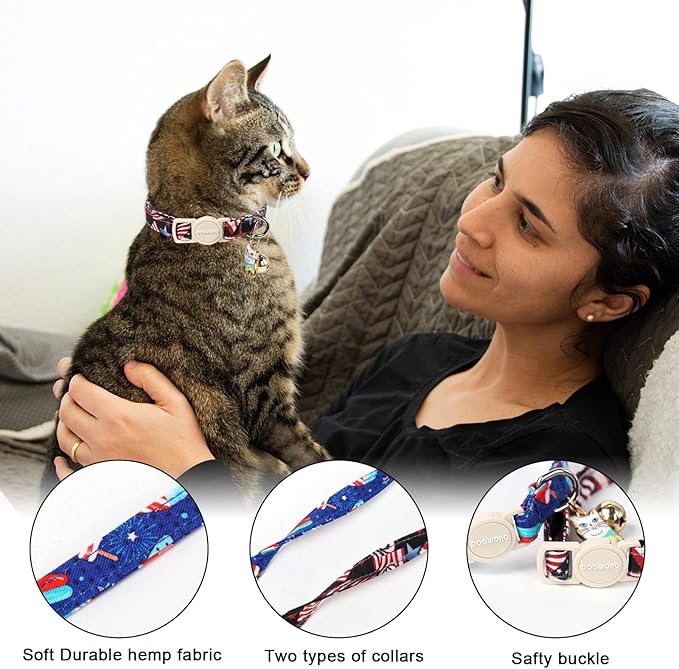 Cat Collar,2 Pack 4th og July Cat Collars Breakaway with Bell, DOGWONG Safety Buckle Cat Collar for Girl Boy Cats and Small Dogs，Adjustable 7-12 Inch,Pet Supplies Accessories
