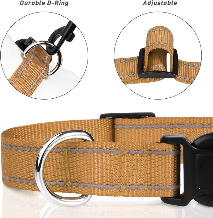 TagME Reflective Nylon Dog Collars, Adjustable Classic Collar with Quick Release Buckle for Puppy, Khaki, 3/8" Width