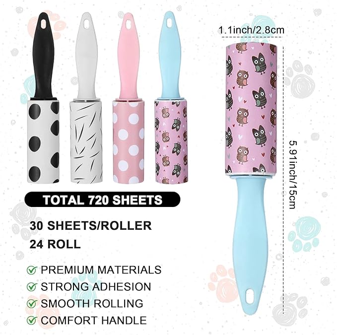 24 PCS Mini Lint Roller 720 Sheets Lint Rollers for Pet Hair Extra Sticky Travel Size Pet Hair Remover Compact Lints Roller for Clothes Portable Sticky Remover for Dust Furniture Car Seat Gift Bags