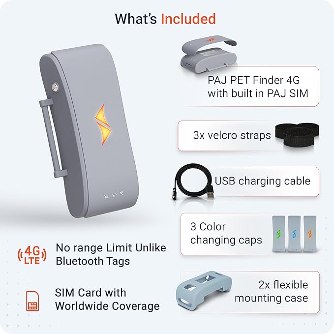 PAJ GPS Tracker for Dogs - 4G GPS Collar Tag with Real-Time Location Tracking & Runaway Alert - Waterproof & Up to 10 Days Battery Life - Fits Any Collar w/Glowing LEDs - Subscription Required - Grey