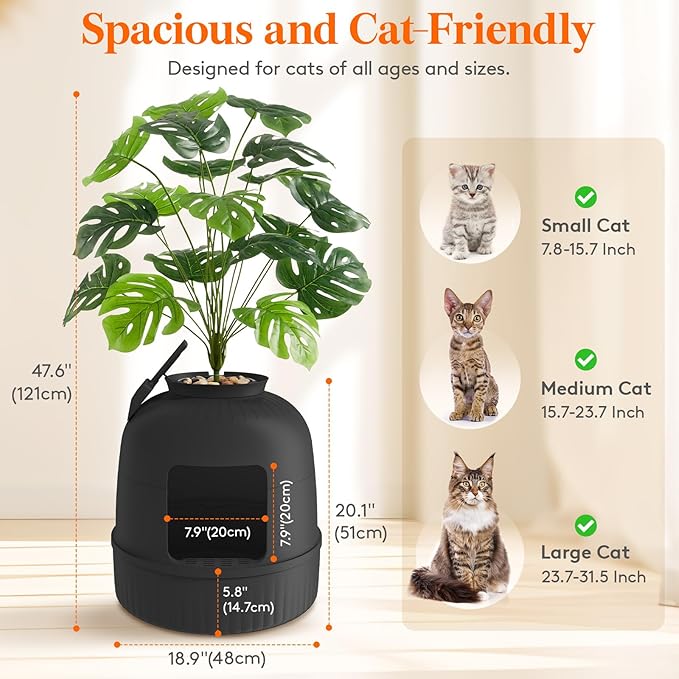 Lifewit Cat Litter Box, Hidden Enclosure Litter Tray with Odor Control System& Carbon Filter in Living Room, Bedroom, Corner with Faux Plant& Plastic Scoop, 48 x 120 cm/19x47, Black