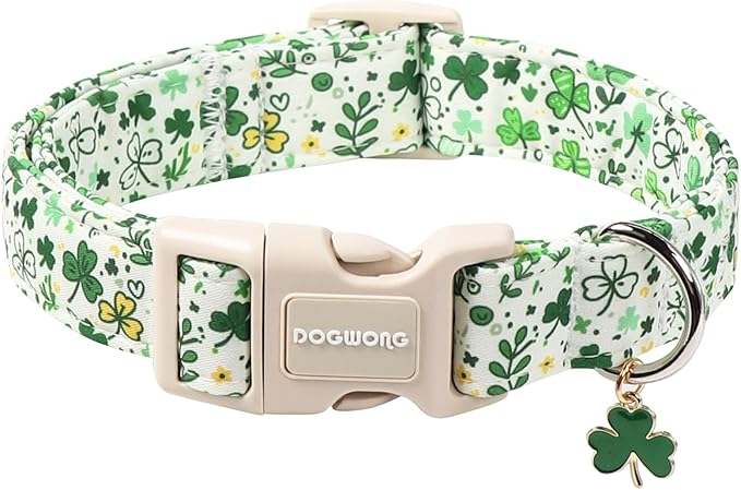 DOGWONG St Patrick's Dog Collar, Green Clover Pet Collar Cotton Holiday Pet Collar Cute Puppy Collar Adjustable Pet Dog Collars for Small Dogs,XS