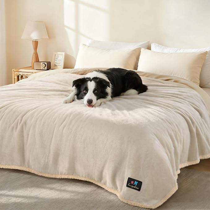 Waterproof Pet Blanket, Liquid Pee Proof Dog Blanket for Sofa Bed Couch, Reversible Sherpa Fleece Furniture Protector Cover for Small Medium Large Dogs Cats, Grey Beige Small（40" x 28"）