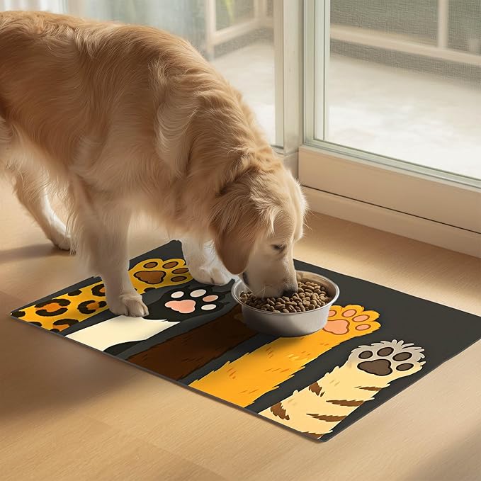 Cute Animal Paw Print Cat Food Mat Easy Clean Fast Dry Pet Feeding Mat for Pets Feeding Area Kitchen Floor Funning Pet Mat for Dog Food and Water Bowls 24" x 16"